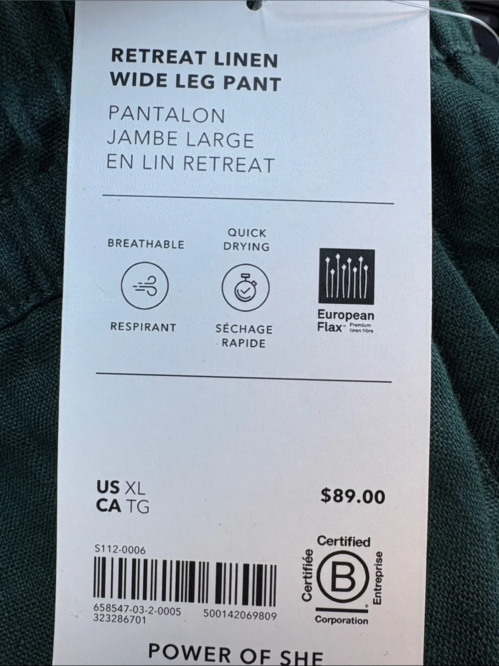 NWT Athleta Retreat Linen High Rise Wide Pine Pant Sz XL